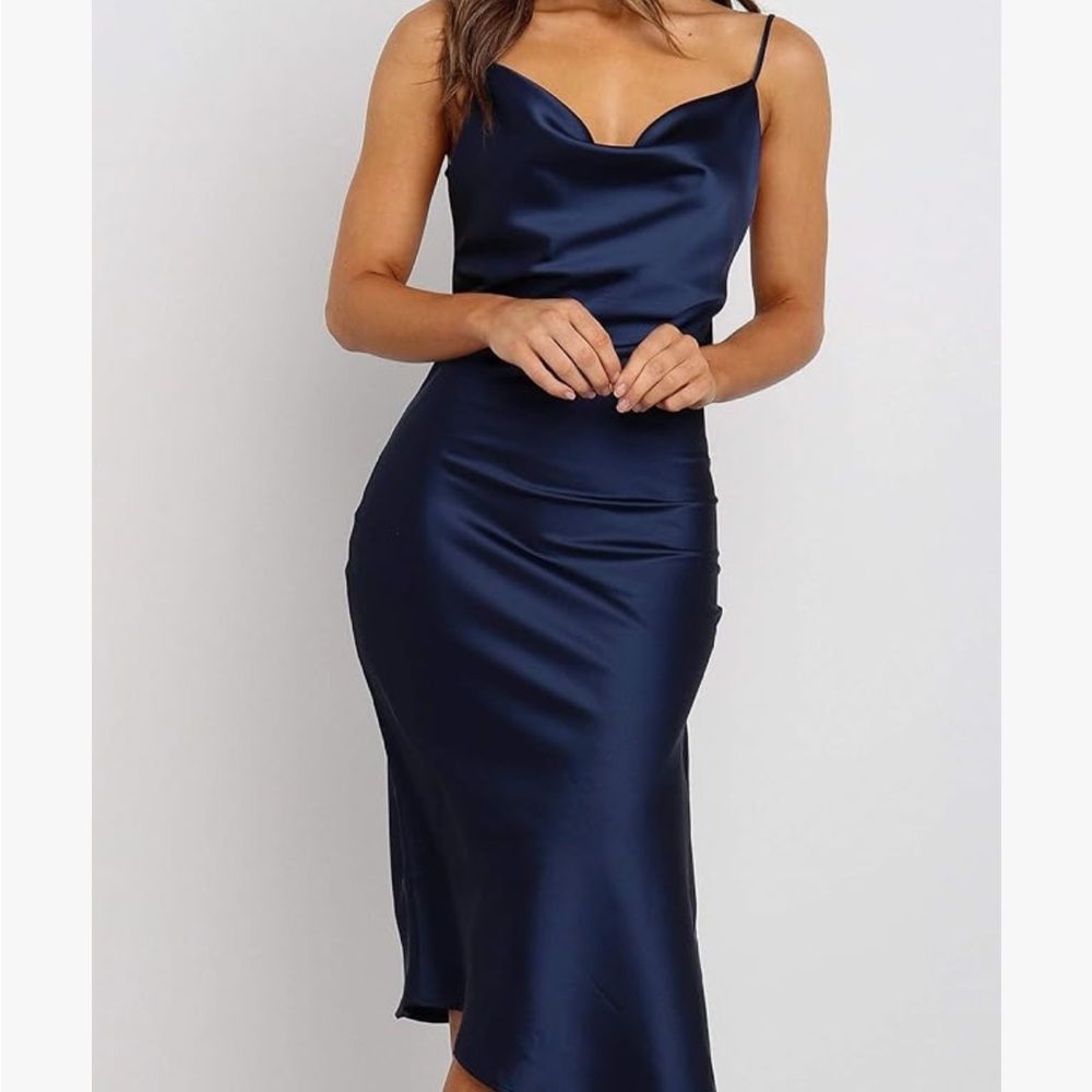 PrettyGarden Navy Blue satin dress w/ slit